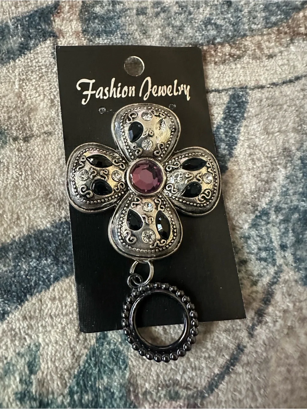 Magnetic Badge Holder Jewelry Silver-Tone Floral Cross Brooch Purple Gem